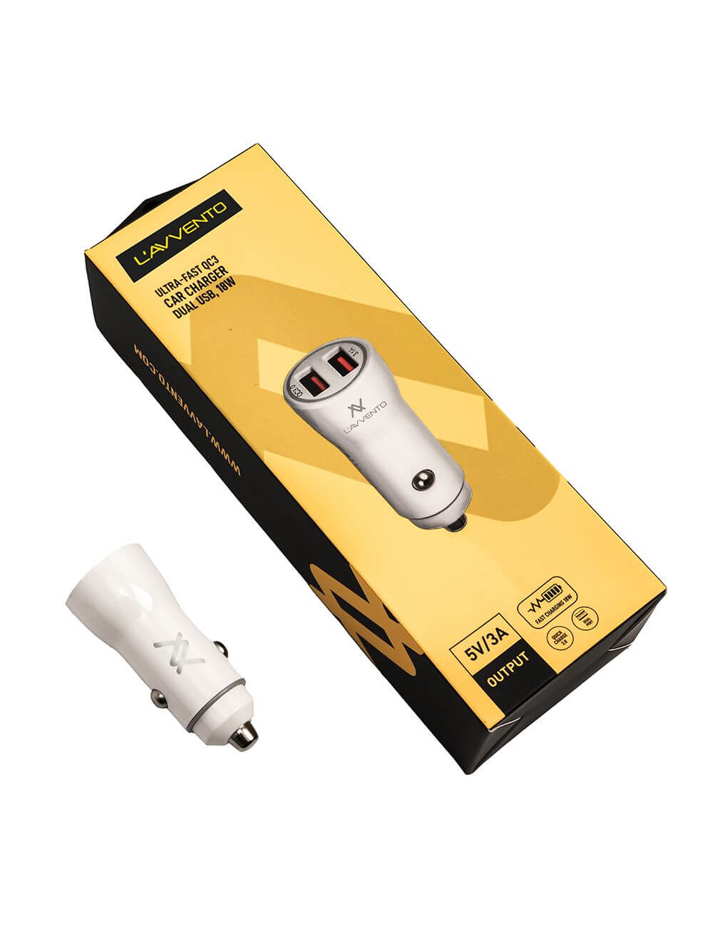 L'AVVENTO Ultra-Fast QC3, Car Charger Dual USB, 18W, White